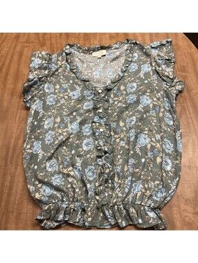 Status by Chenault Olive Floral Flutter Sleeve Ruffle Blouse Top Size S